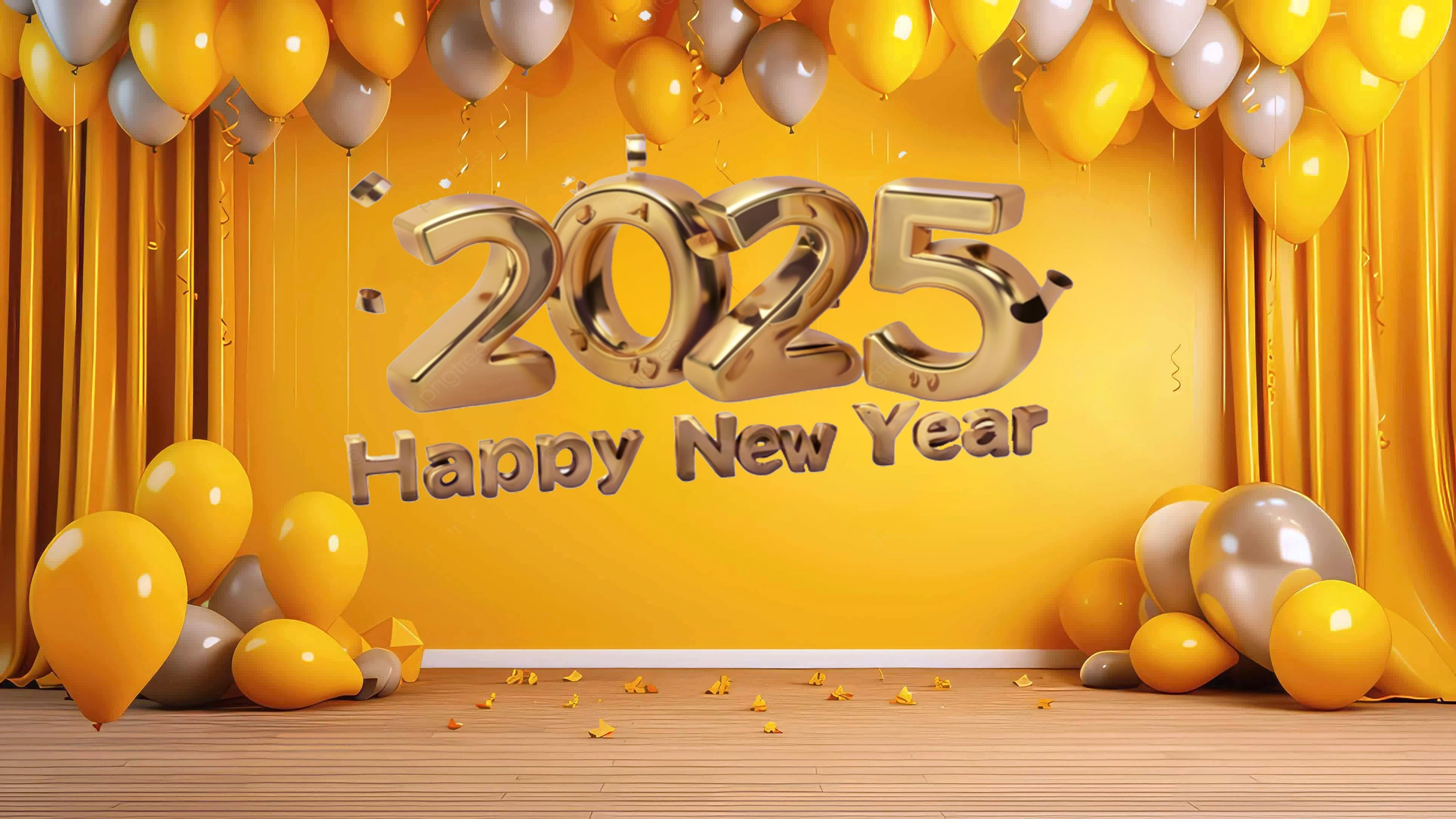 Happy new year 2025 yellow background and balloon