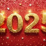 Gold numbers 2025 with sequins and glitter on a red background image