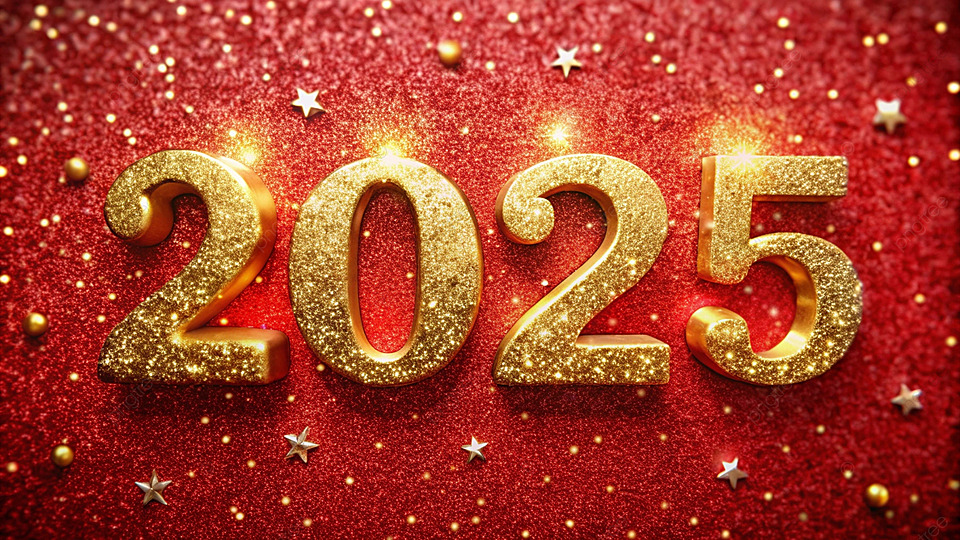 Gold numbers 2025 with sequins and glitter on a red background image