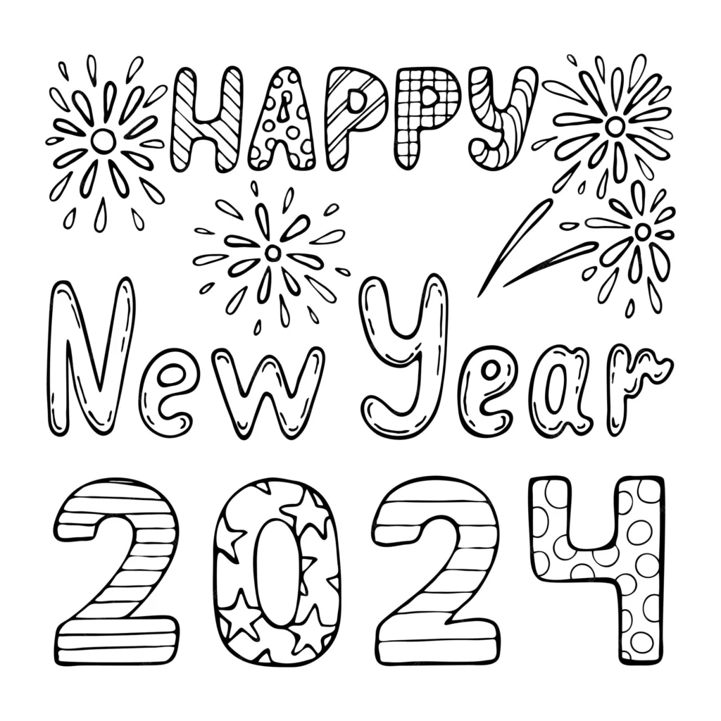Happy new year 2024 coloring book hand drawn line art