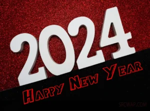 Happy new year 2024 with space copy on red and black glitter background