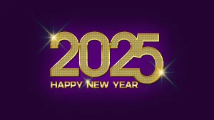 2025 happy new year purple wallpaper with gold text 2560x1440px (2k) free download