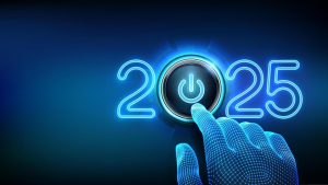 2025 start finger about to press a power button happy new year 2025 new year two thousand and twenty five is coming concept vector