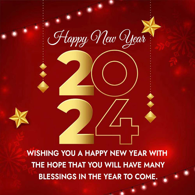 Free Download Happy New Year 2024, Message, Red background, Gold Numbers, Free Image