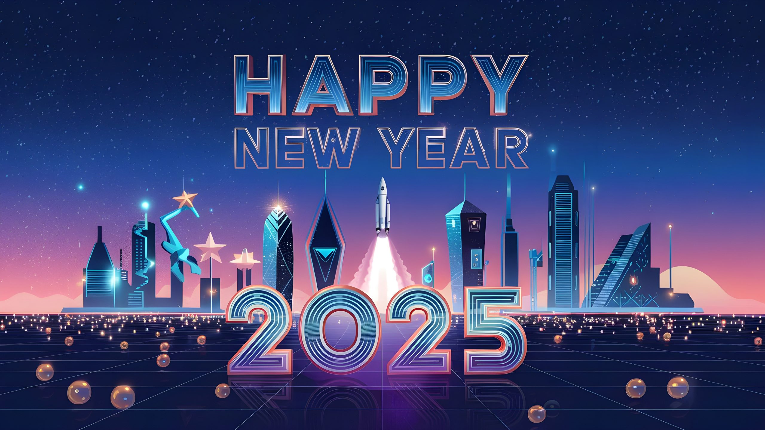 Happy new year 2025 futuristic city wallpaper