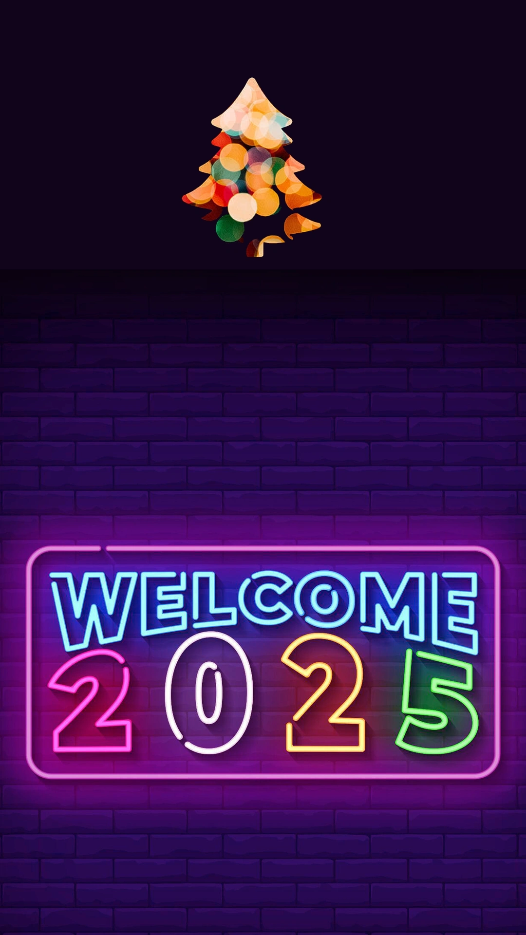 Happy new year 2025 neon light christmas tree hd mobile wallpaper