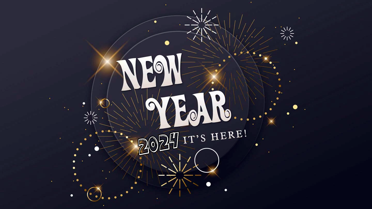 Happy new year 2024 desktop wallpaper black background and firework