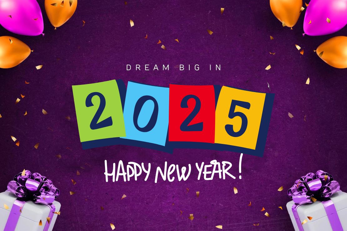 Happy new year 2025 banner with realistic 3d balloons golden text background