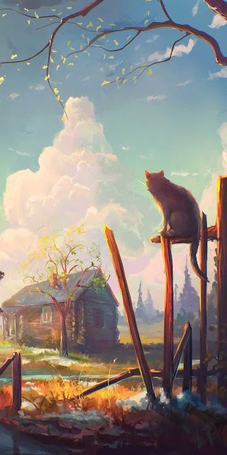 Free Download Cabin House, Cat, Scenery, Painting Art, Wallpaper