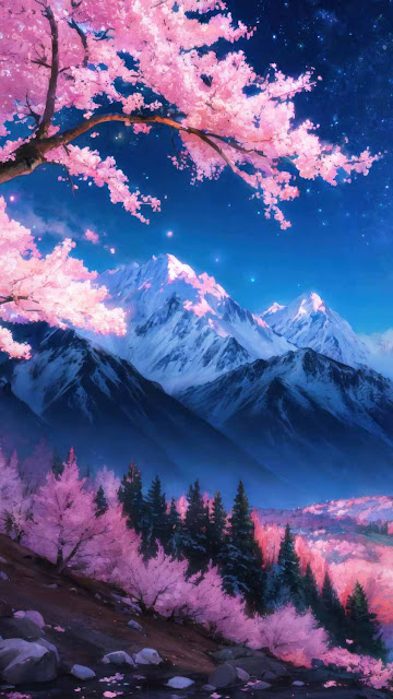 Free Download Cherry Blossom, Mountain, Night, iPhone, Samsung, Wallpaper