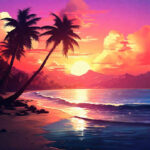 Beach sunset mountain palm trees digital art.jpg