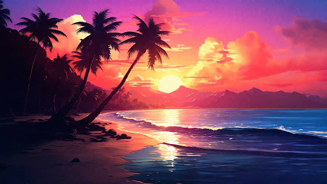 Free Download AI-Generated Image: Beach, Sunset, Mountain, Palm Trees, Landscape