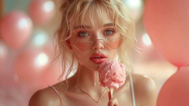 Free Download AI-Generated Image: Girl, Girls, Icecream, Blonde, Pink, Blue Eyes