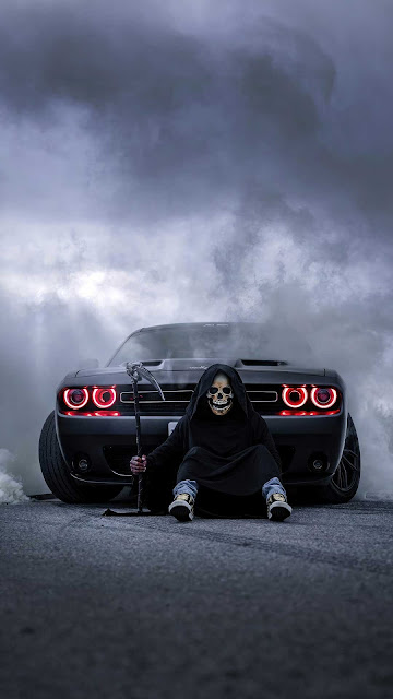 Free Download Phone Wallpaper: Sports Car, Grim Reaper Death, Smoke