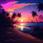 Sunset beach palm trees pink clouds digital art.jpg