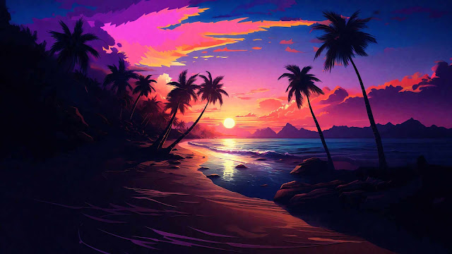 Free Download Wallpaper PC Desktop: Sunset, Beach, Palm Trees, Pink, Clouds, Digital Art