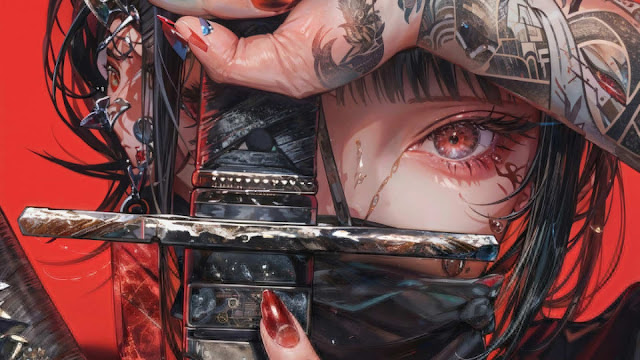 Anime girl red eye tattoo sword.jpg