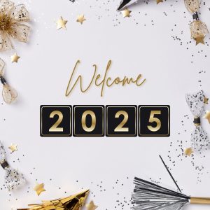 White and gold welcome 2025 image for social media post