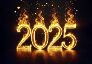 2025 sparkling burning golden numbers dark black background