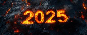 Fiery representation of the year 2025 with molten lava glow against a dark volcanic backdrop free photo