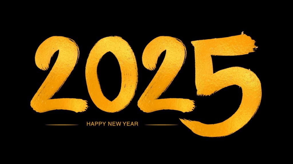 Happy new year 2025 golden numbers handwritten calligraphy 2025 year illustration new year celebration gold 2025 number design on black background typography lettering text vector