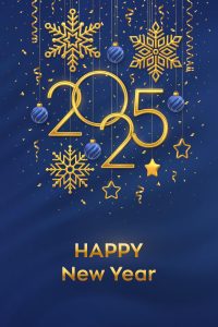 Happy new year 2025 hanging golden metallic numbers 2025 with shining snowflakes 3d metallic stars balls and confetti on blue background new year greeting card or banner template vector