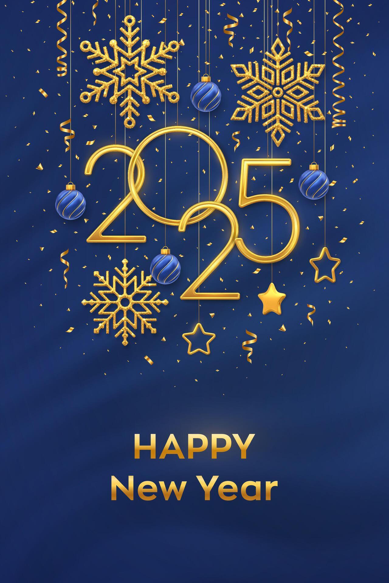 Happy new year 2025 hanging golden metallic numbers 2025 with shining snowflakes 3d metallic stars balls and confetti on blue background new year greeting card or banner template vector