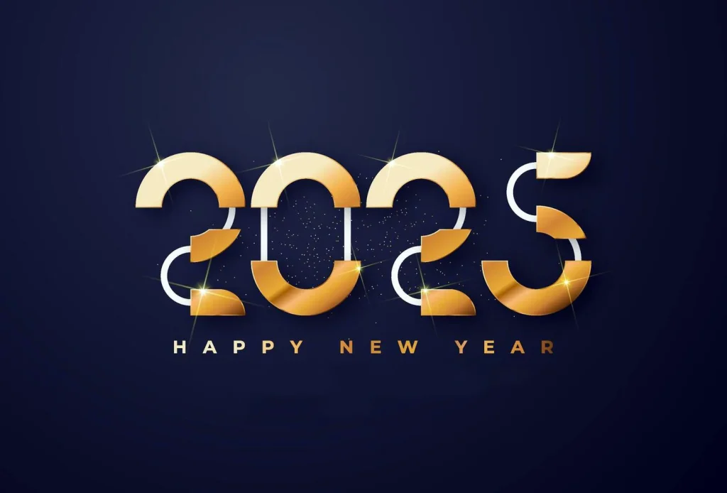 Happy new year 2025 typographic text poster design celebration glowing golden numbers and dark background vector