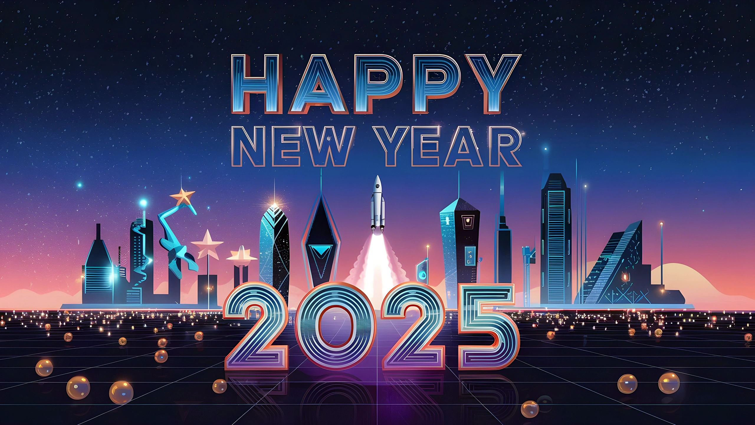 Happy new year 2025 futuristic city wallpaper 4k 2560x1440