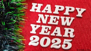 Happy new year 2025 in white letters on red background photos