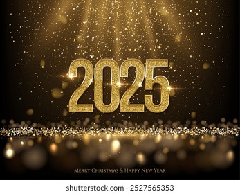 (Gold Glitter Pattern Wallpaper) Happy New Year Gold 2025 Greeting Card Numbers