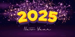 Happy new year 2024 with 3d hanging number fireworks background 2025 new year celebration