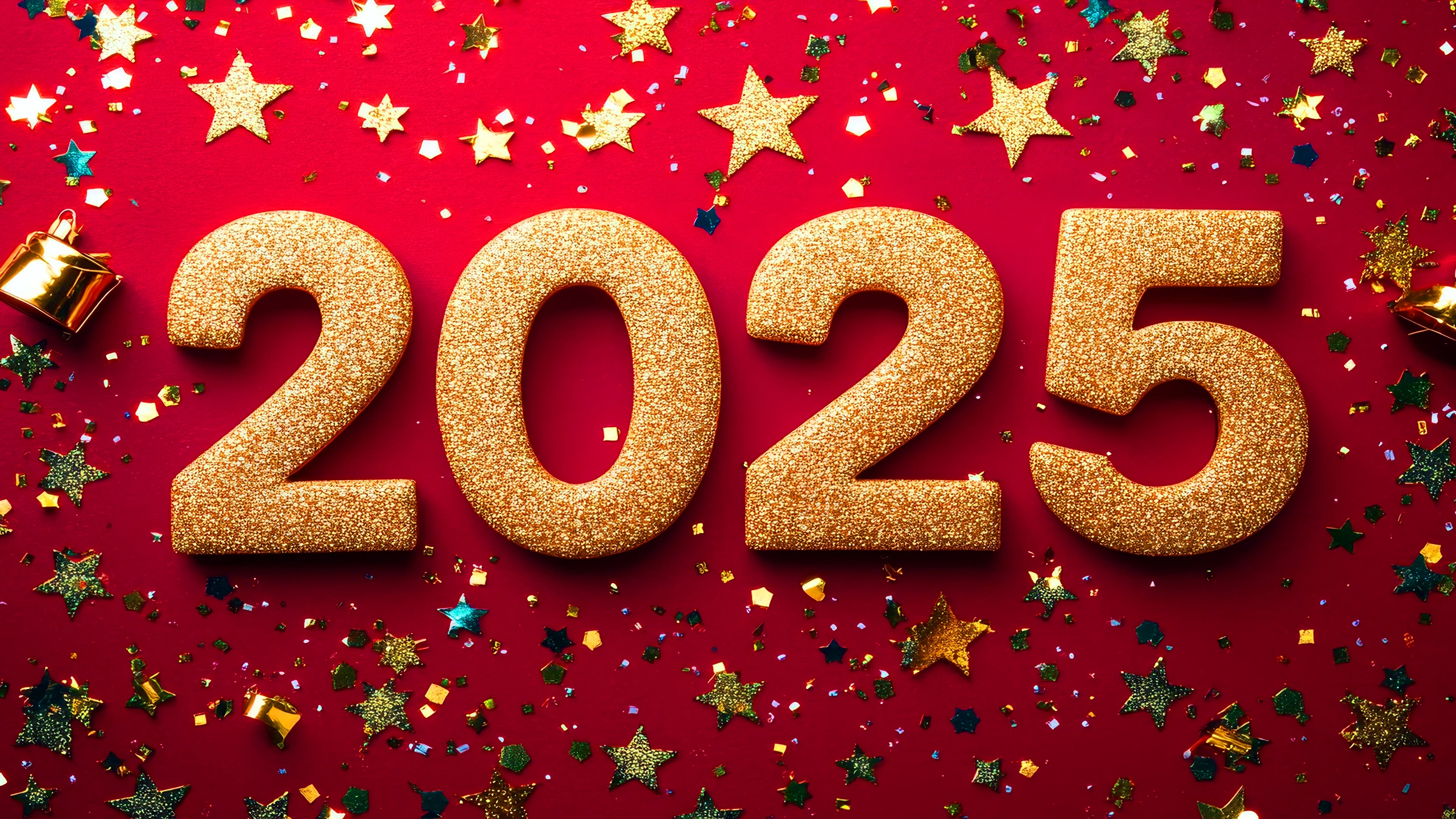 Happy new year 2025 gold glitter 2025 numbers 2025 concepts 2025 greeting card 2025 red background