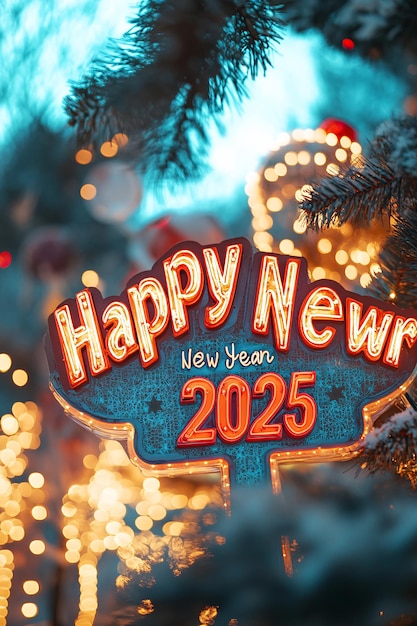 Happy New Year 2025 Neon Light Christmas Tree HD Mobile Wallpaper